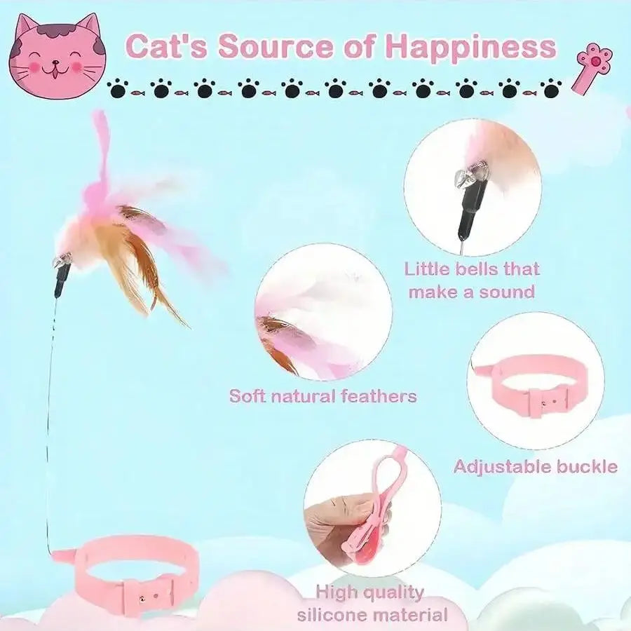 Adjustable Cat Feather Teaser Toy with Silicone Collar and Bell Indoor Cat Interactive Self-Entertainment Toy