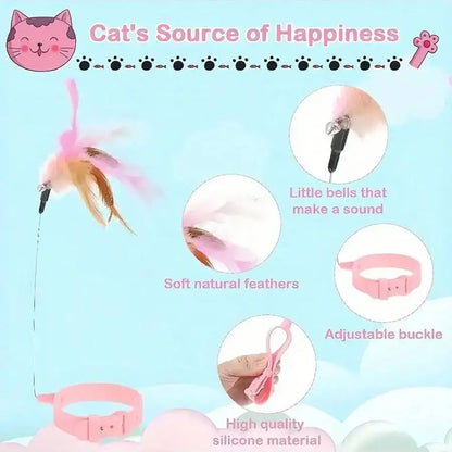 Adjustable Cat Feather Teaser Toy with Silicone Collar and Bell Indoor Cat Interactive Self-Entertainment Toy