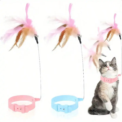 Adjustable Cat Feather Teaser Toy with Silicone Collar and Bell Indoor Cat Interactive Self-Entertainment Toy