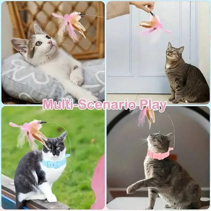 Adjustable Cat Feather Teaser Toy with Silicone Collar and Bell Indoor Cat Interactive Self-Entertainment Toy